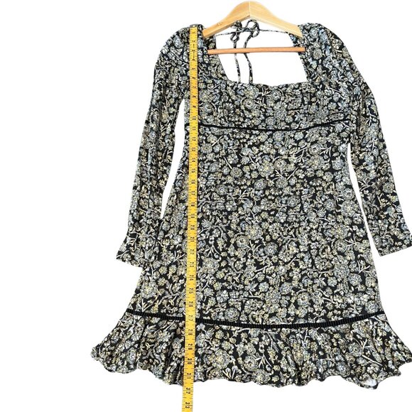 Free People Boheme Mini Dress Womens Size 4 Black Combo Long Sleeve Boho Ruffle - Picture 14 of 14